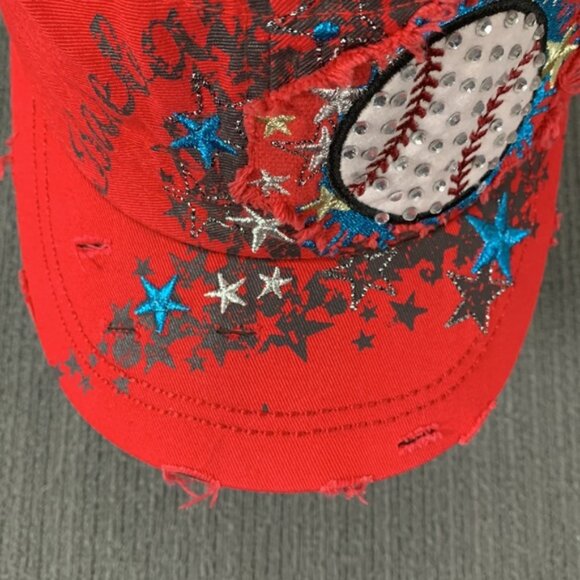 Baseball Cadet Hat Womens OS Red Distressed Embroidered Rhinestone Leader Loga - Picture 5 of 14
